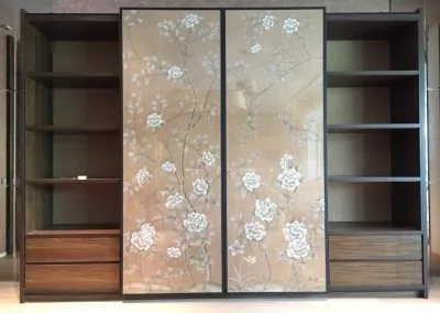 Hand-painted silk wallpaper on sliding doors. A project with Domus Creation Pte Ltd