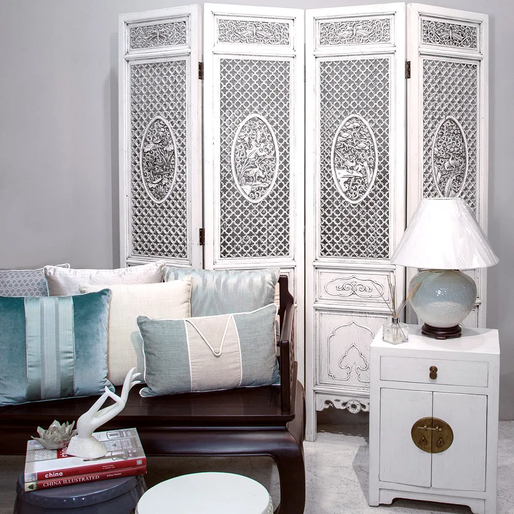 A contemporary looking white Chinese screen room divider