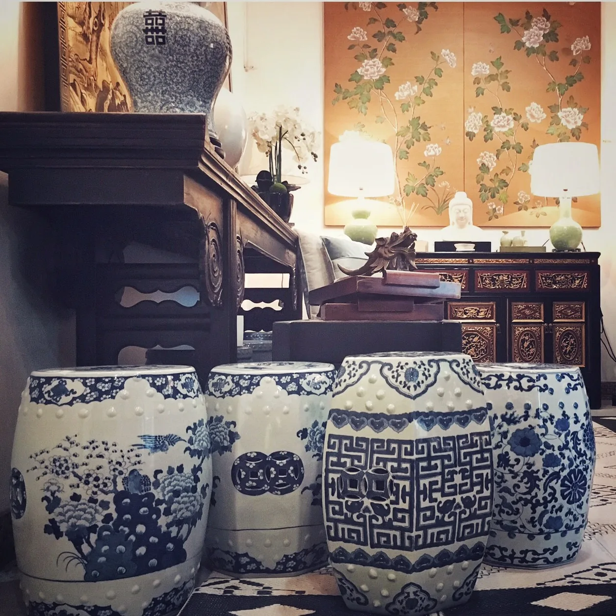 Blue & white drum stools