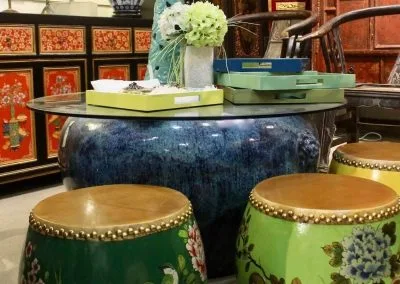 Ceramic pot, wooden drums, lamp, trays