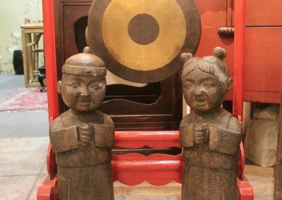 N-678 STONE BOY & GIRL STATUES & Gong on wooden stand