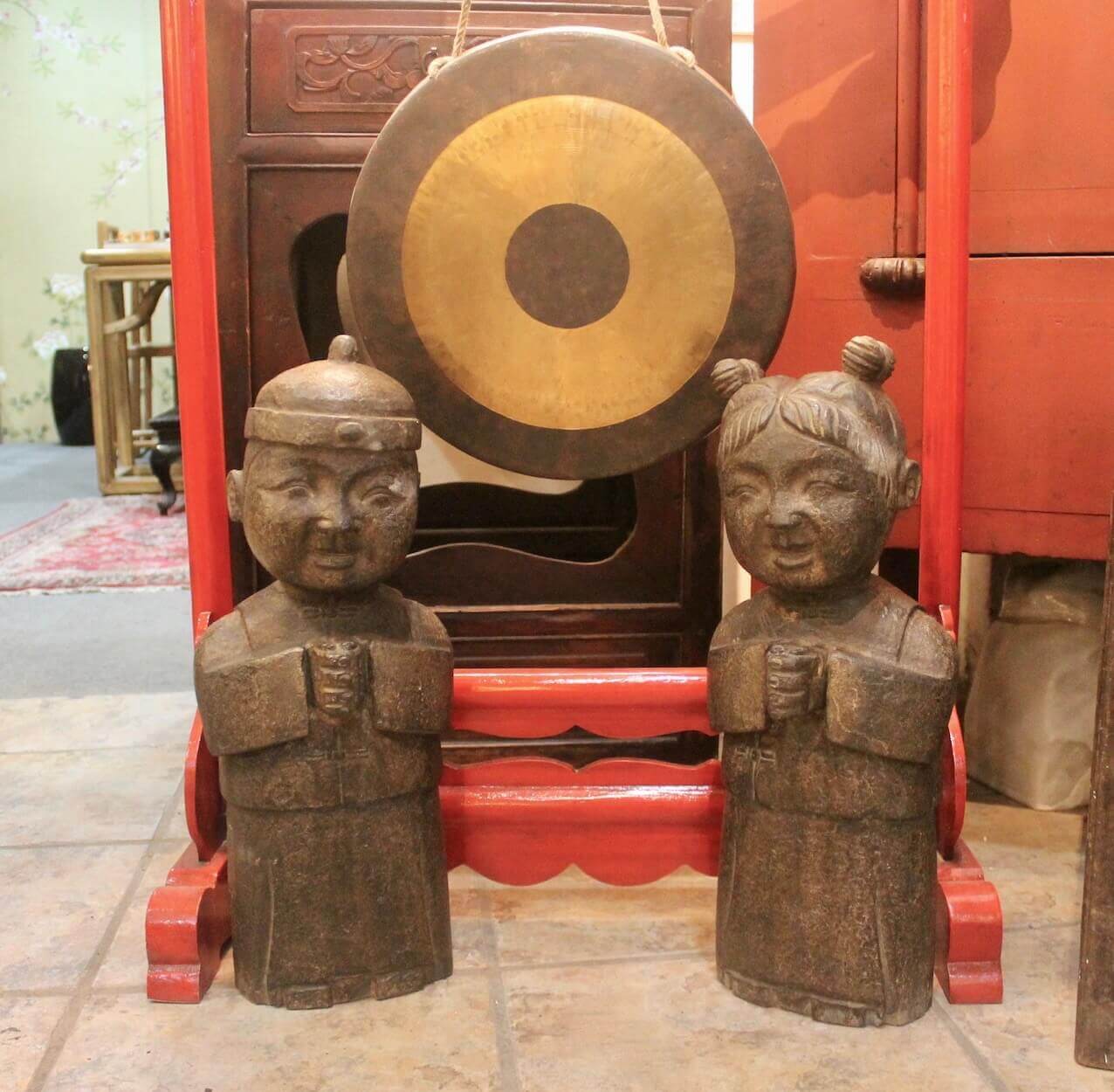 N-678 STONE BOY & GIRL STATUES & Gong on wooden stand