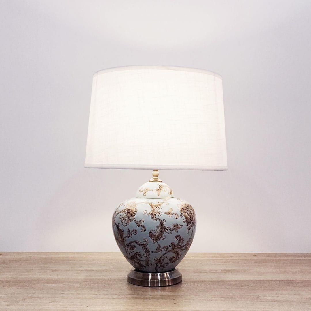 XH360 Round ceramic table lamp with blue & yellow patterns Just Anthony