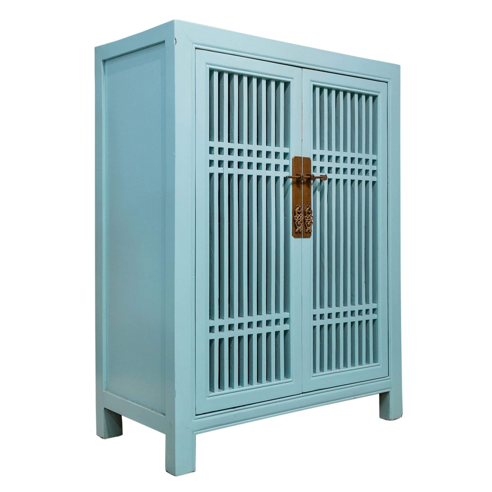 Chinese cabinet in aqua colour with spindle doors