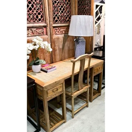 Elmwood writing desk with a rattan top and 2 drawers