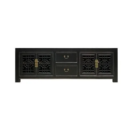 Chinese furniture black tv console with lattice doors