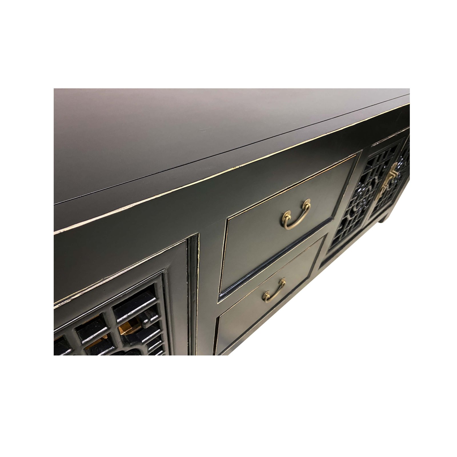 Chinese furniture black tv console with lattice doors