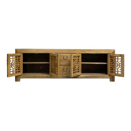 Chinese furniture brown TV console with lattice doors