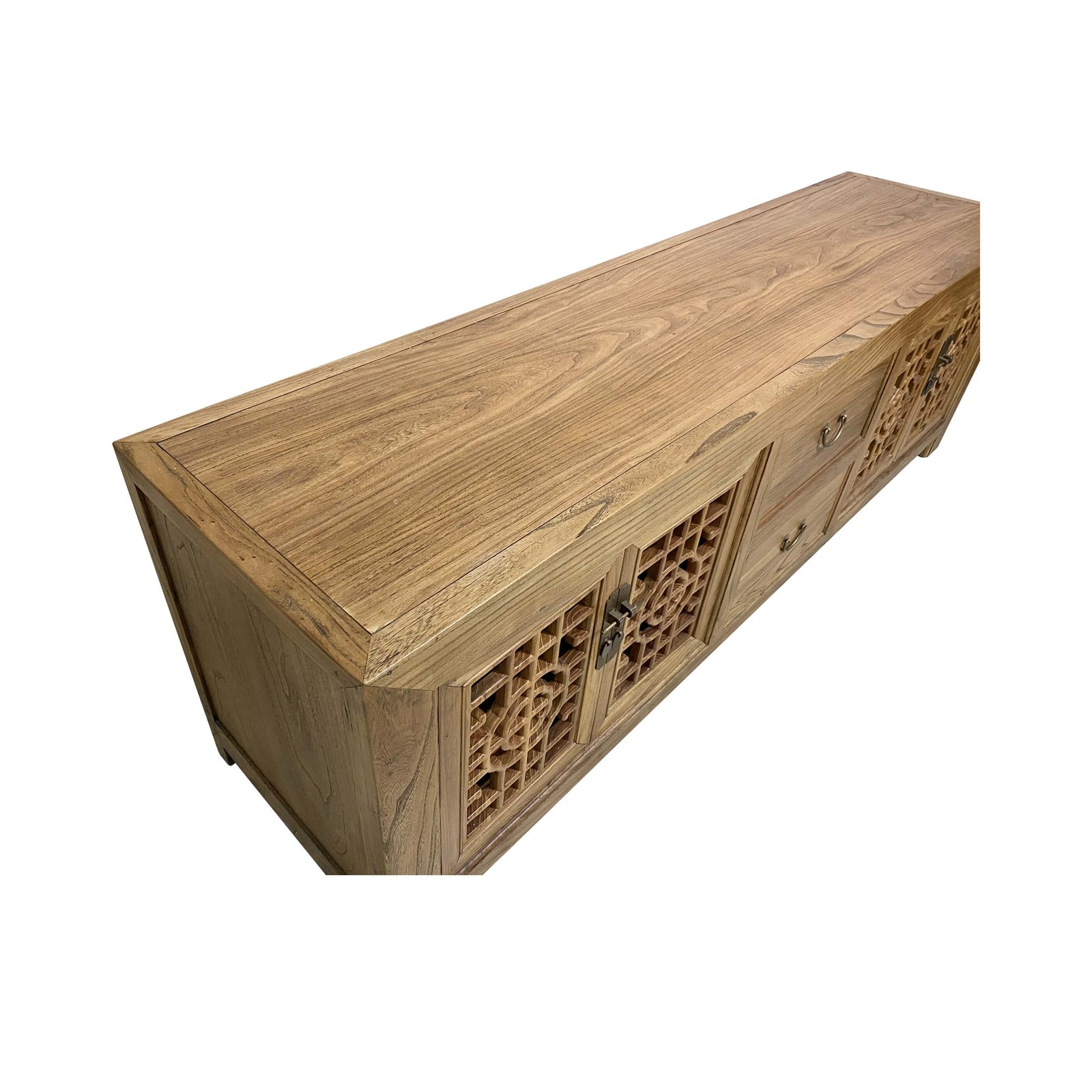 6444-NAT, brown TV console with lattice doors