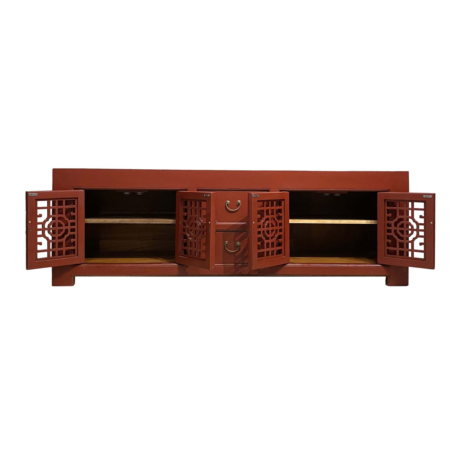 Chinese furniture red console with lattice doors