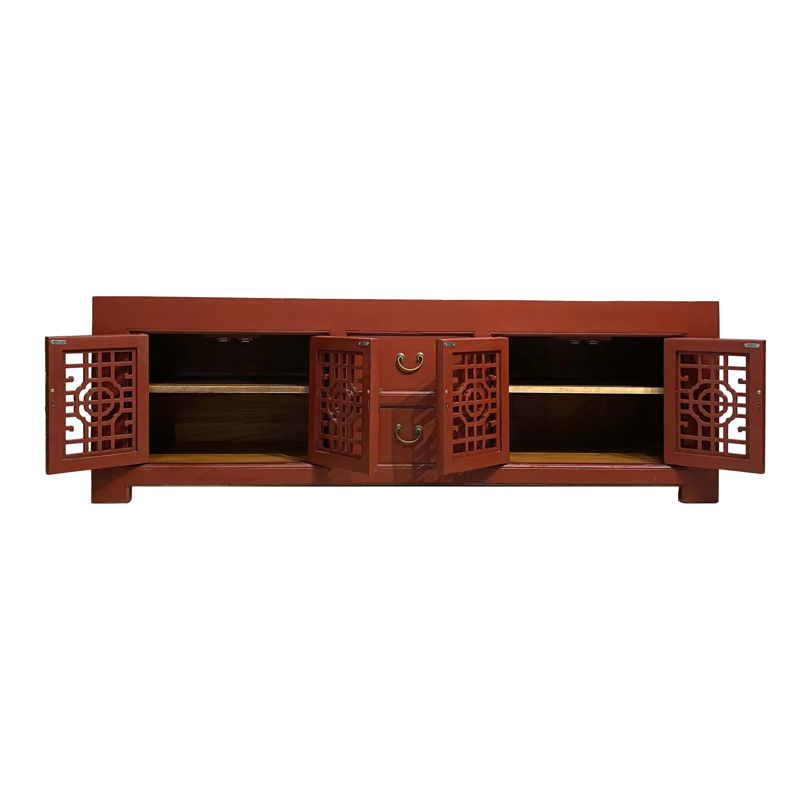 Chinese furniture red console with lattice doors