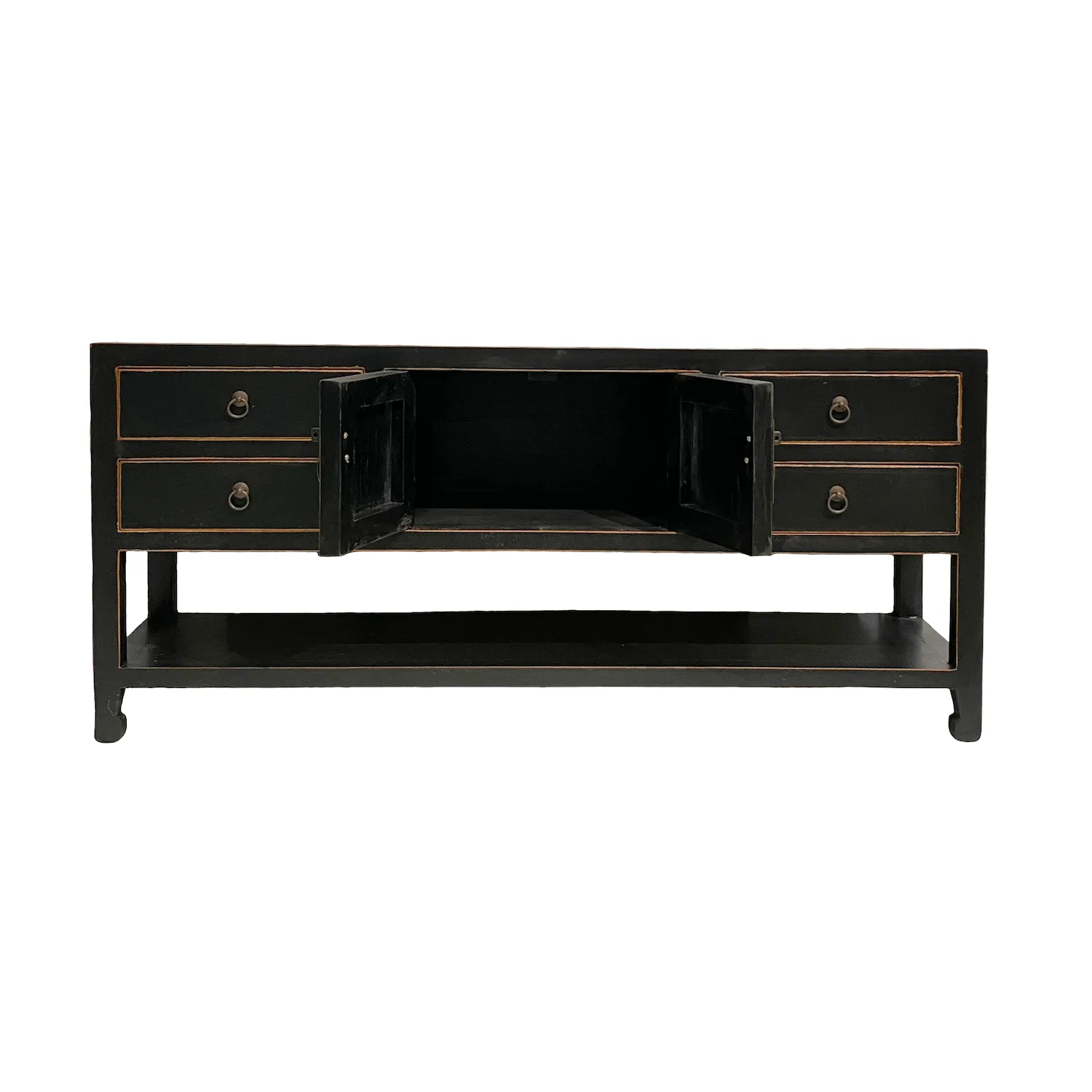 N-1848 black small low console with doors open Chinese furniture small low console