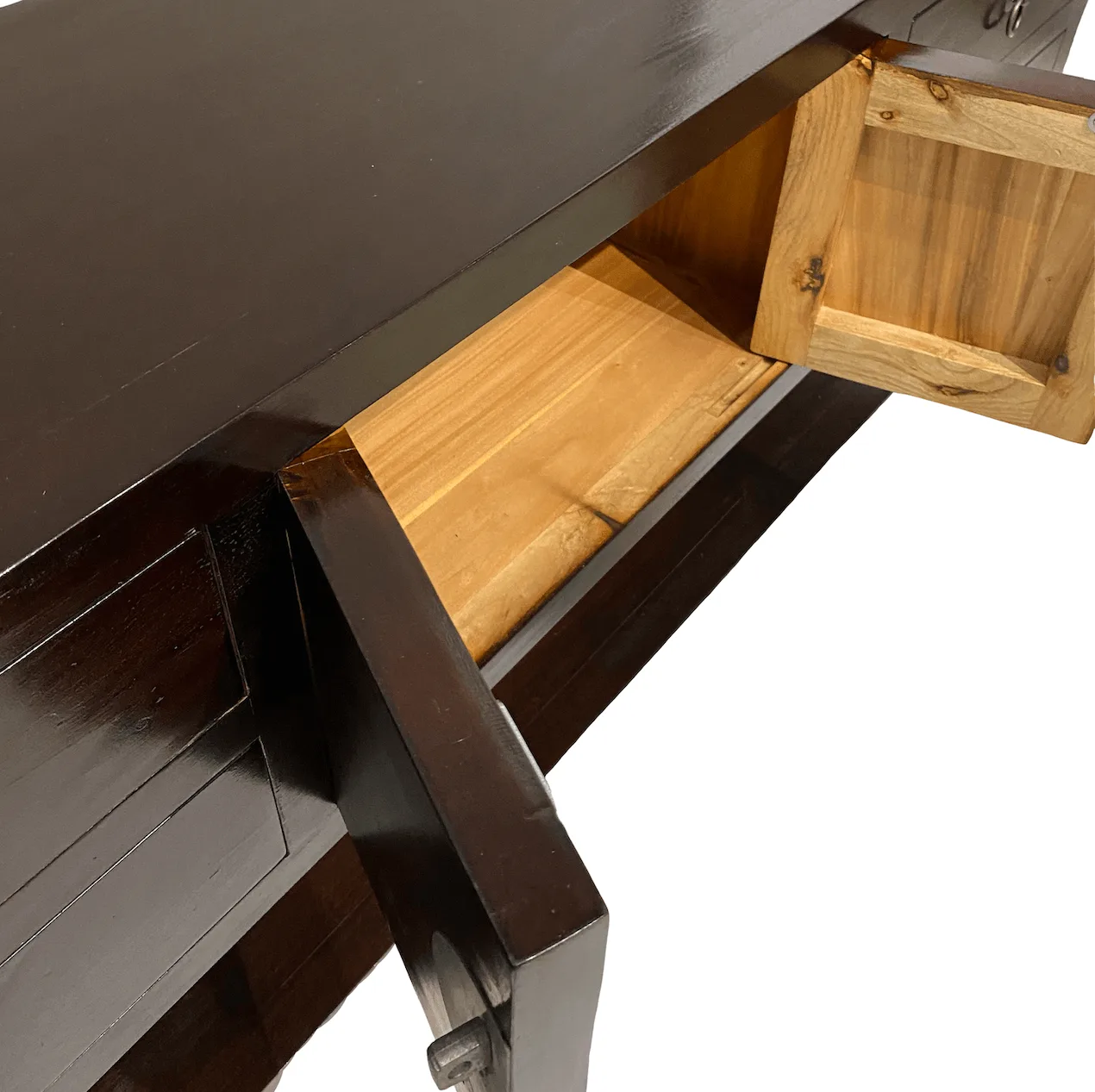 N-1848 dark brown doors open close up Chinese furniture Small low console