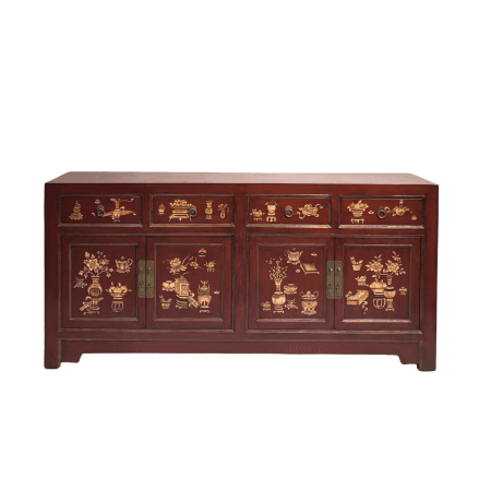 Chinese furniture distressed dark red painted sideboard