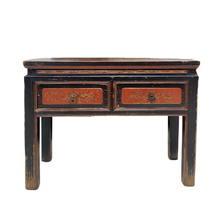 Red & black vintage Chinese Fujian bench with drawers