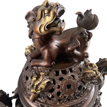 Large Brass incense burner with dragons and lions