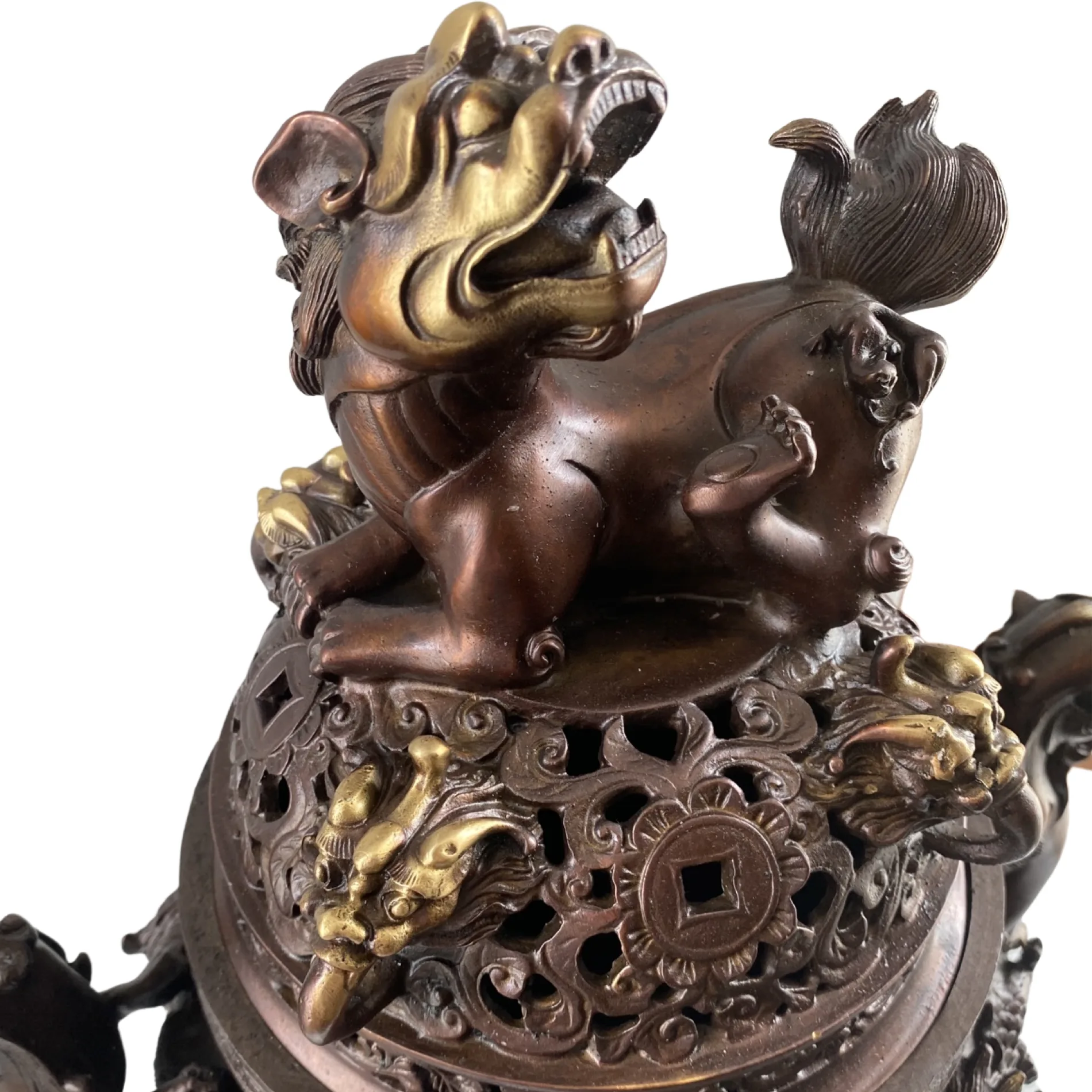 Large Brass incense burner with dragons and lions