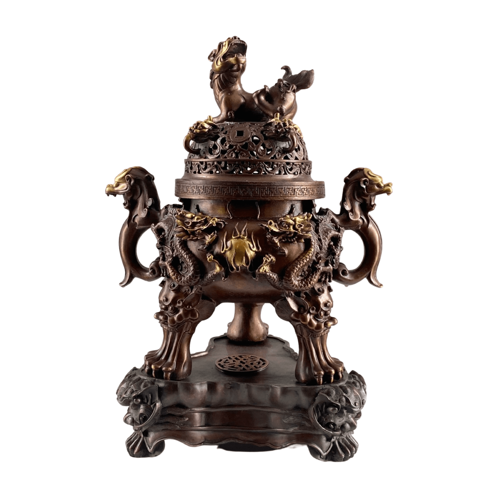 Large Brass incense burner with dragons and lions