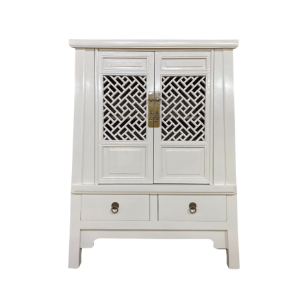 Modern Chinese furniture Ecru tapered cabinet with lattice doors