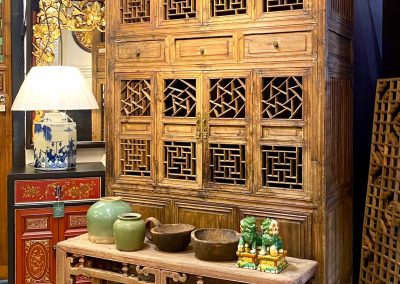 Chinese antique furniture cabinet, bench and pots