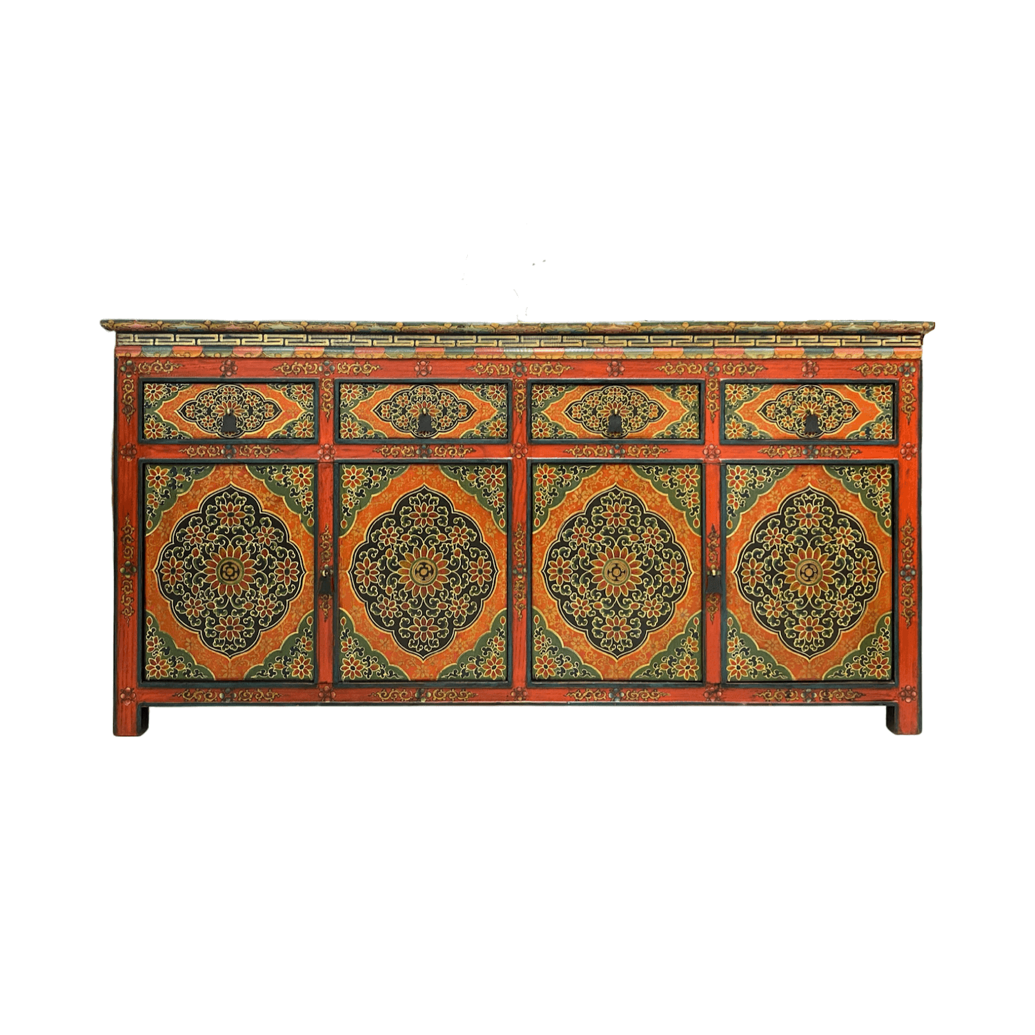 Hand-painted tibetan-style sideboard in green & burnt orange Hand-painted tibetan-style sideboard