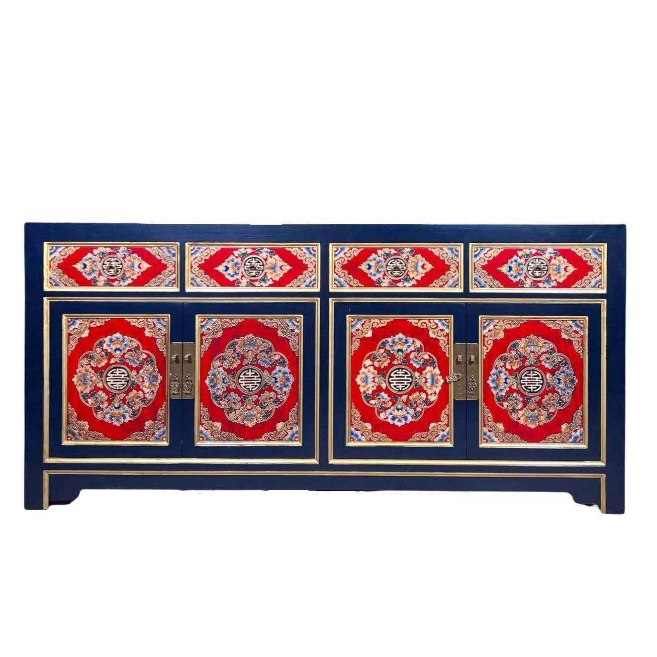 Navy Blue & Red Sideboard HandPainted in Tibetanstyle Just Anthony