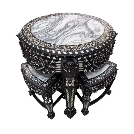 Mother-of-Pearl Inlaid Round Table & Fan-shaped Stools (Pre-order only)