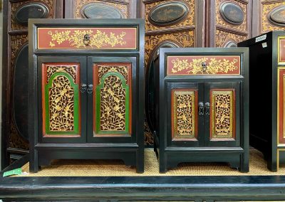 two small cabinets with antique chinese fujian carvings