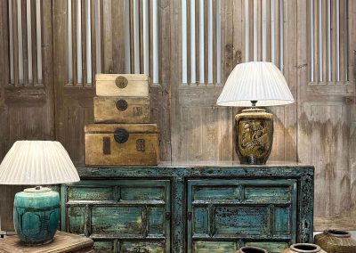 Vintage chinese aqua sideboard, antique stools, leather chests & table lamps