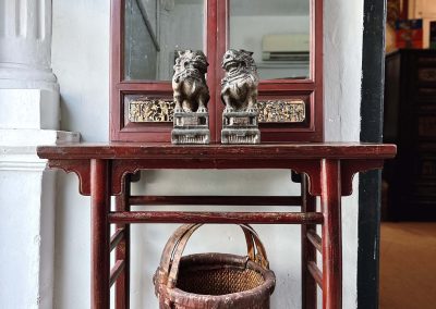 Chinese antique furniture, basket, carved mirror & stone lions