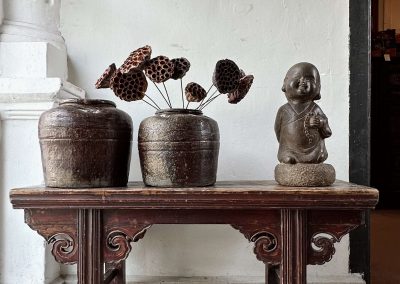 chinese antique bench with old pots & stone statue