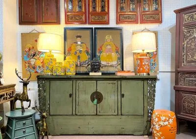 Distressed grey shanxi sideboard with paintgs and carvings