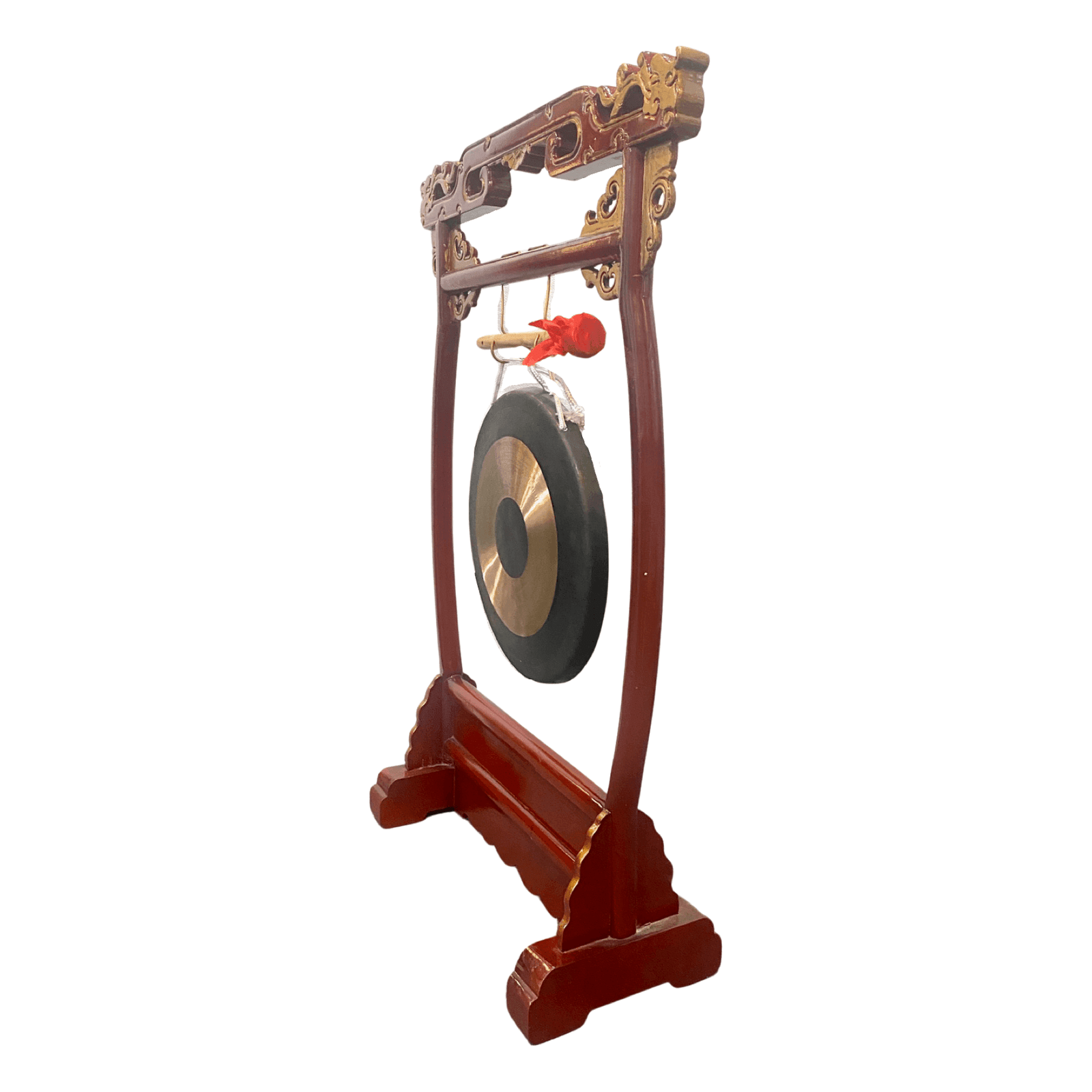 Chinese wooden stand with brass gong side view