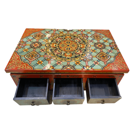 Hand-painted Tibetan-style low coffee table in orange & green