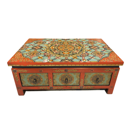 Hand-painted Tibetan-style low coffee table in orange & green