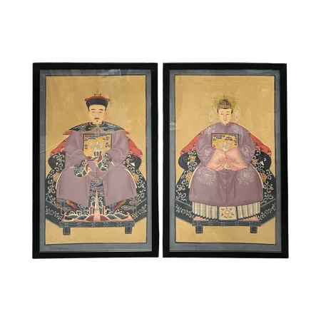 a pair of chinese hand-painted ancestral portraits in purple robes