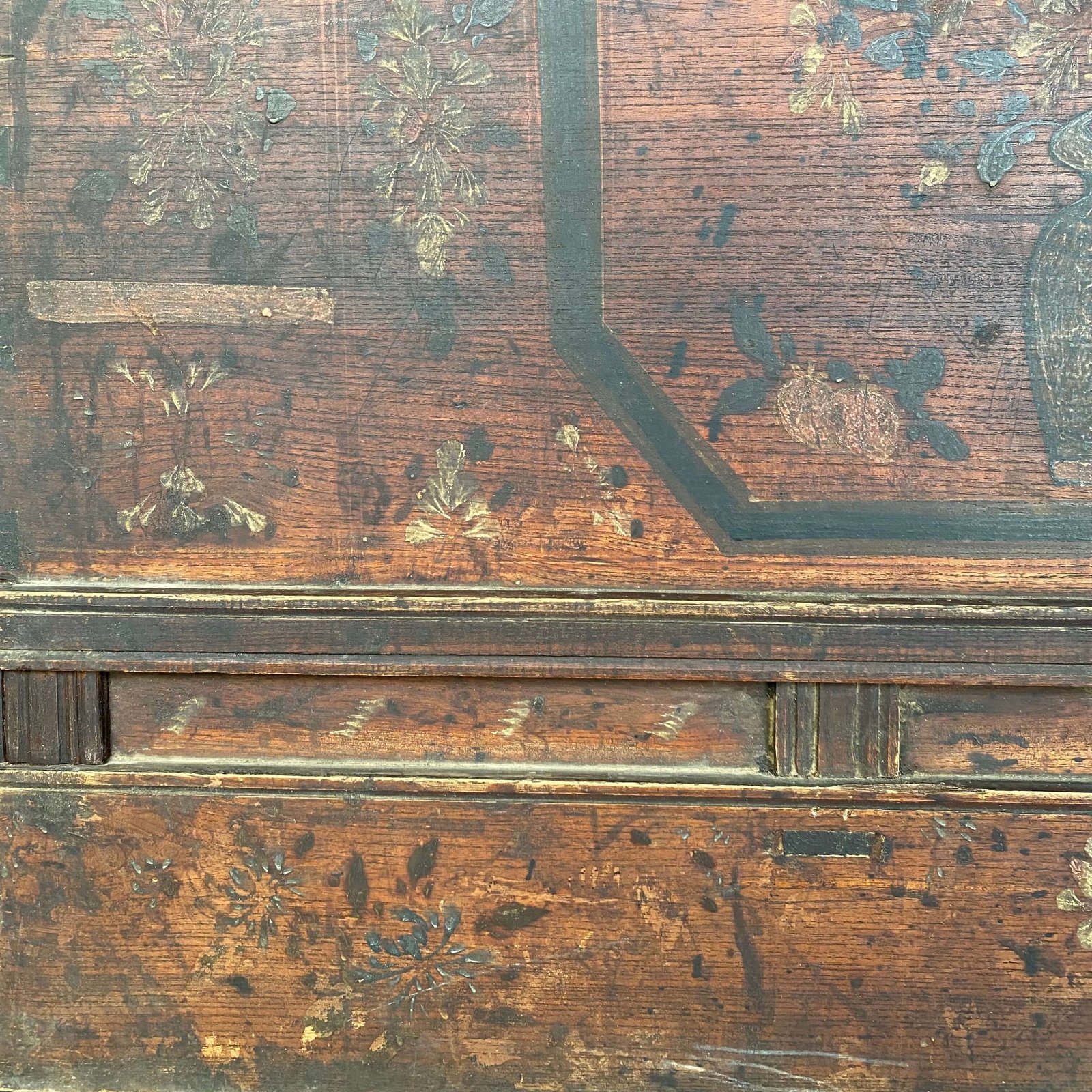 Close up of original painting on chinese antique chest