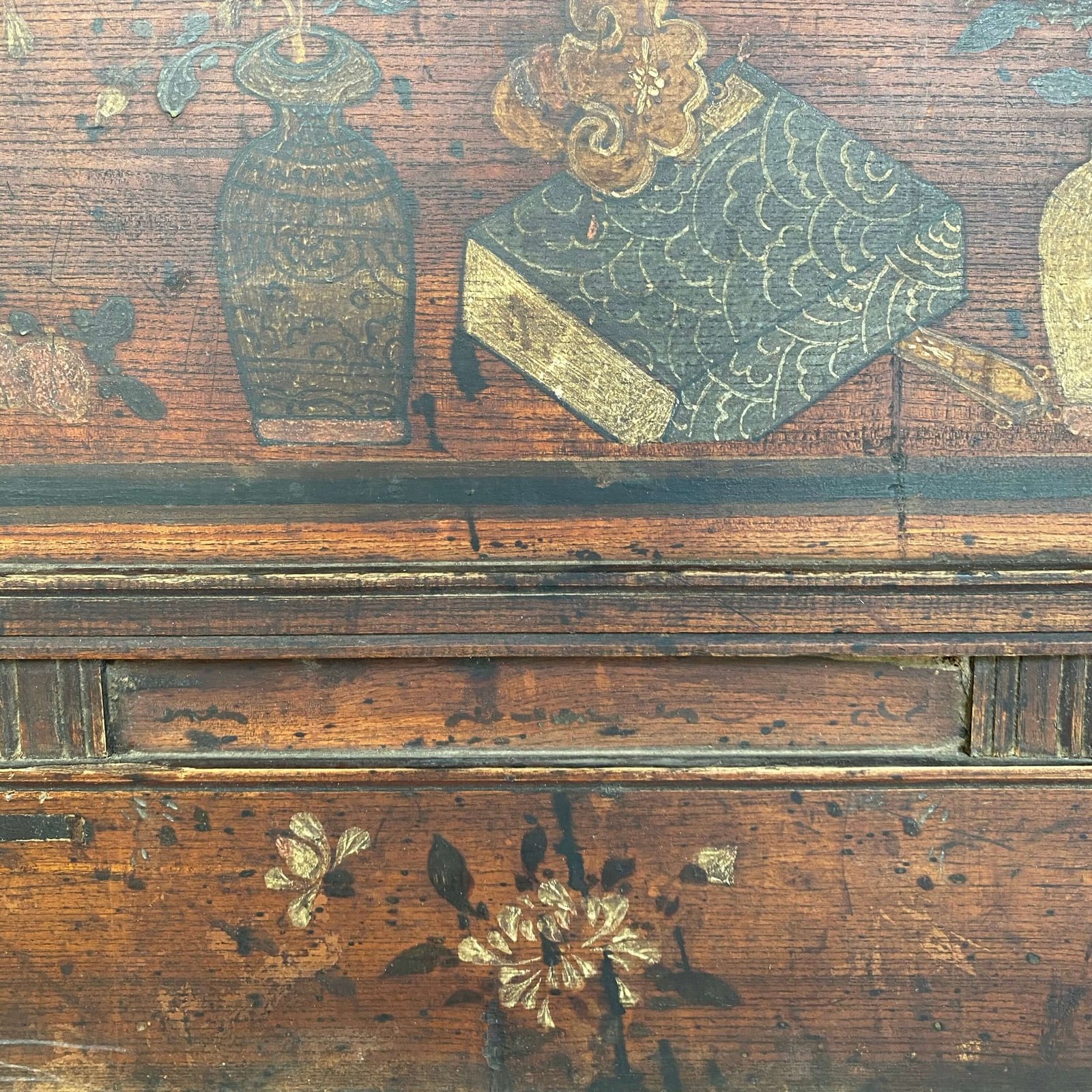 Close up of original painting on chinese antique chest