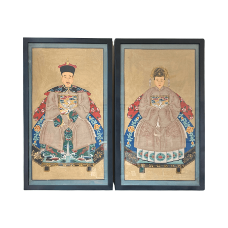 A pair of Chinese hand-painted ancestor portrait