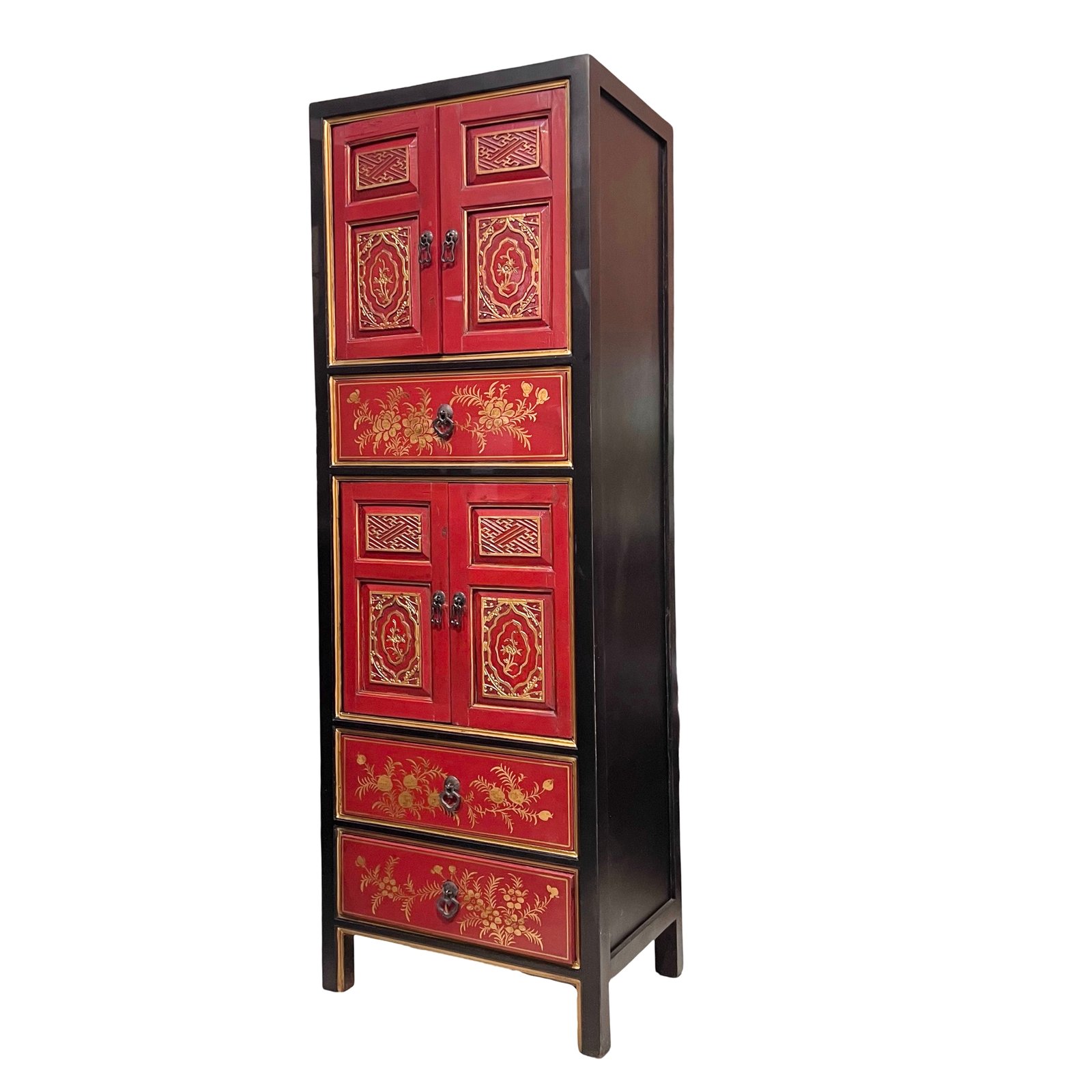 Slim cabinet in red & black with old Fujian carvings
