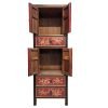 Slim cabinet in red & black with old Fujian carvings