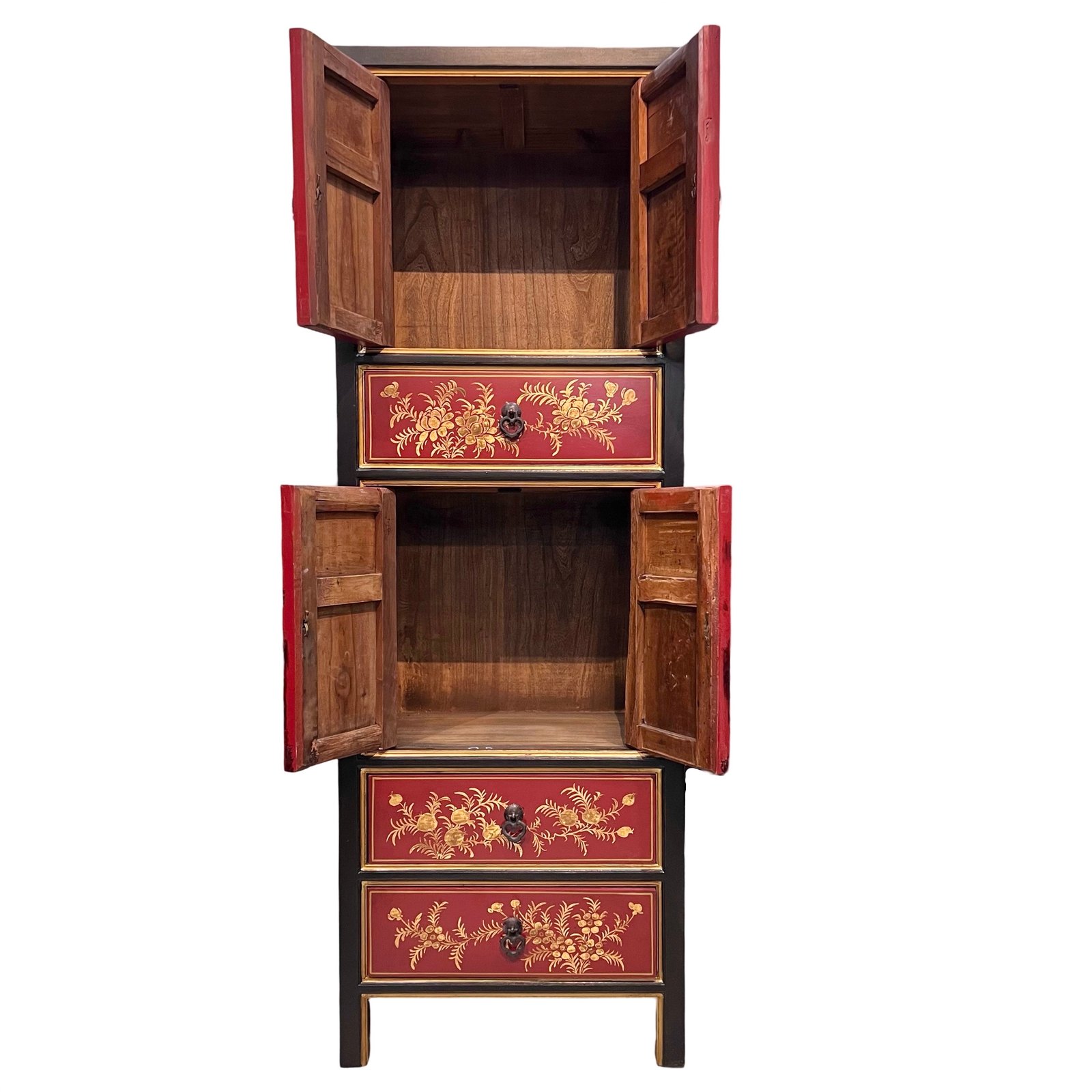 Slim cabinet in red & black with old Fujian carvings