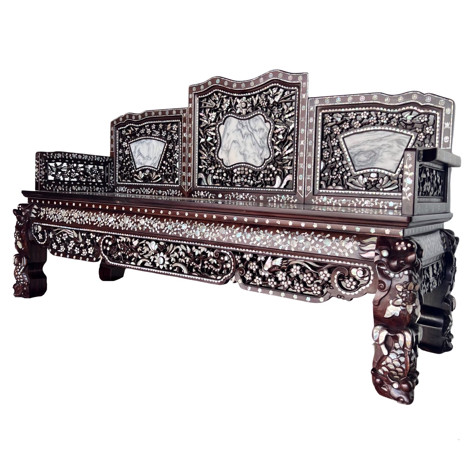peranakan-style mother-of-pearl hardwood bench with marble insets