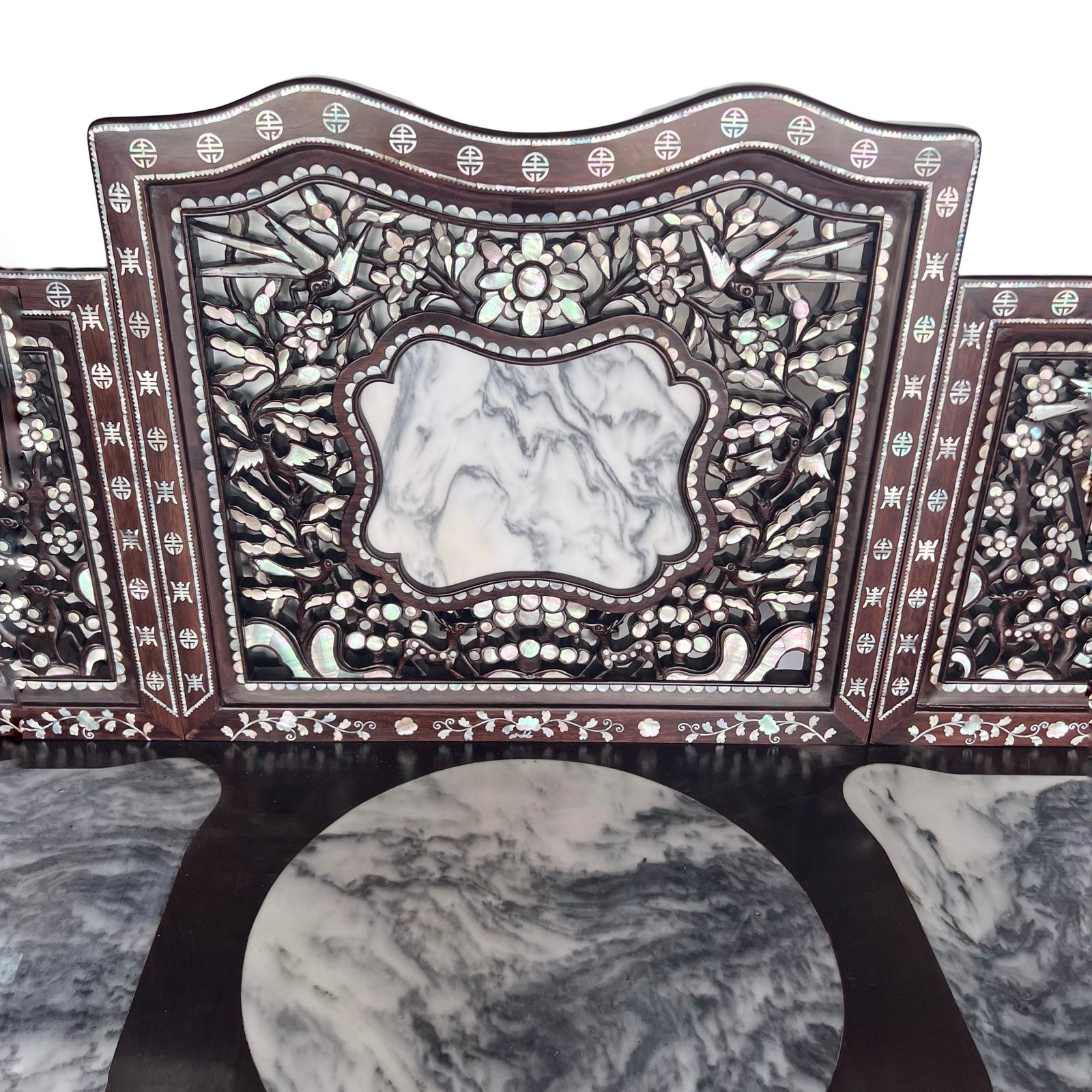 peranakan-style mother-of-pearl hardwood bench with marble insets