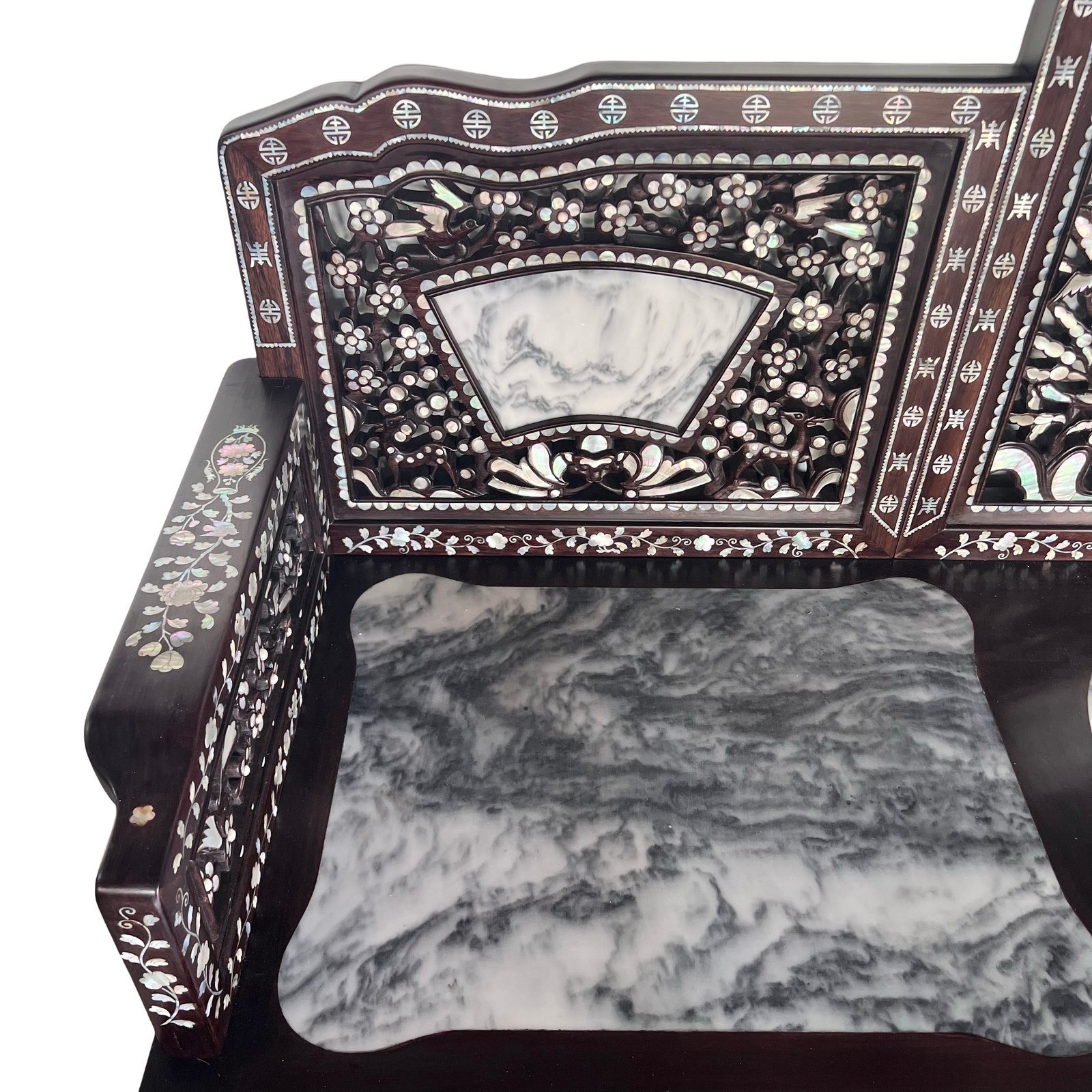 peranakan-style mother-of-pearl hardwood bench with marble insets