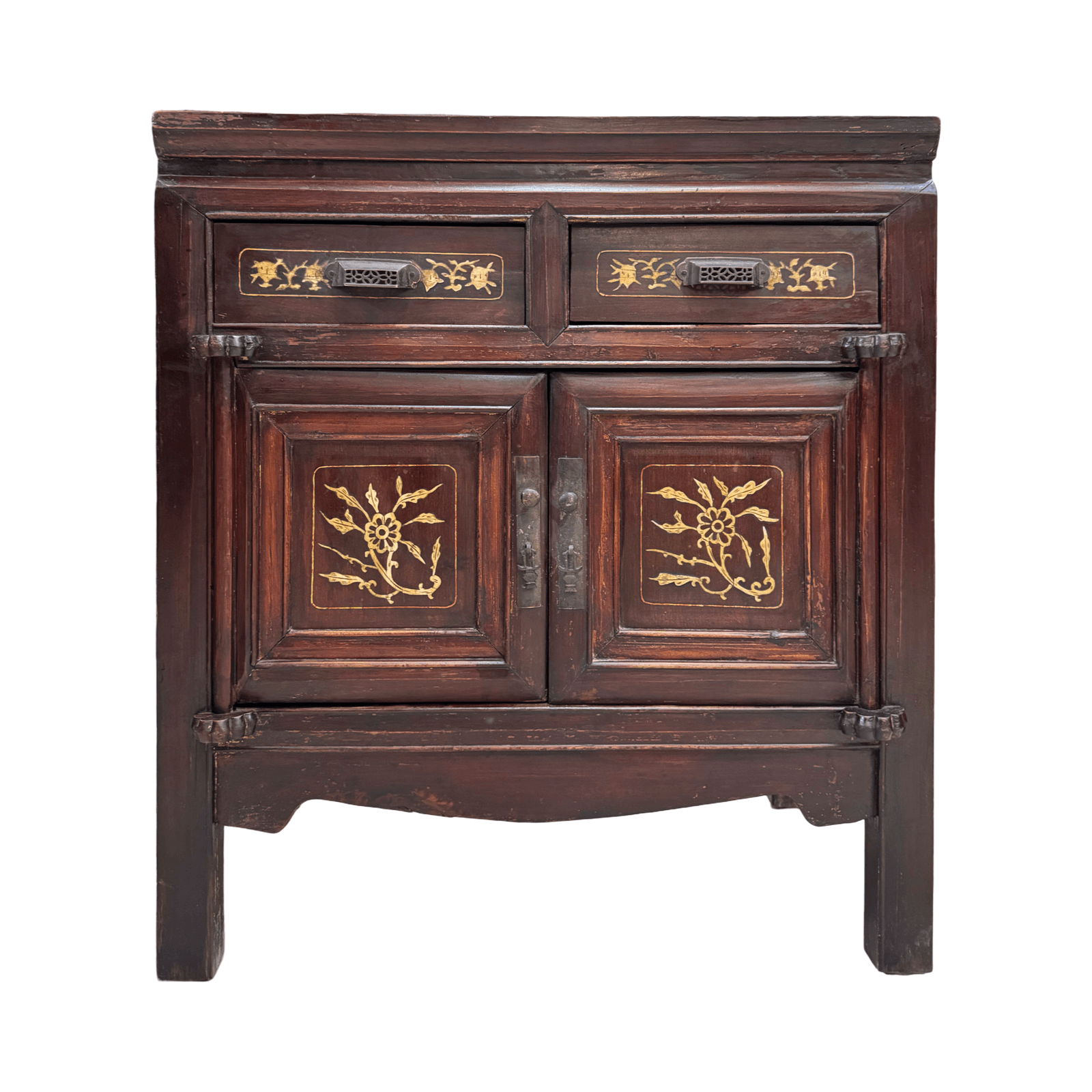 Chinese vintage cabinet with bone inlaid designs on the drawers and doors
