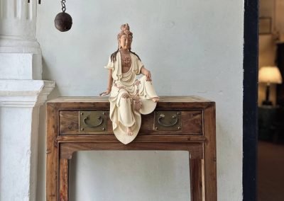 Chinese antique furniture table & ceramic Guan Yin statue