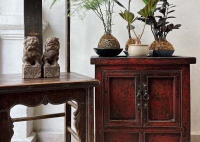 Chinese antique small chair and red lacquered antique Shanxi small cabinet