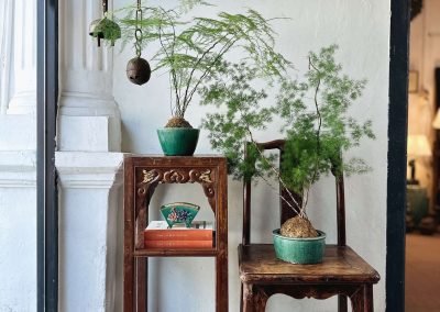 Chinese antique elmwood lamp hanger chair and a carved Chaozhou tea table