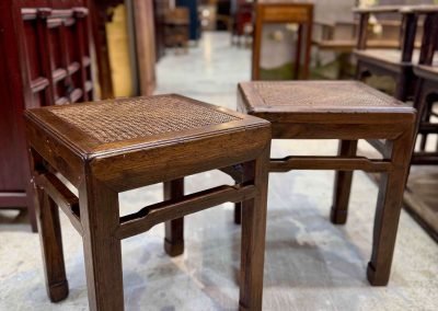 Chinese antique furniture a pair of square Elmwood stools with rattan top